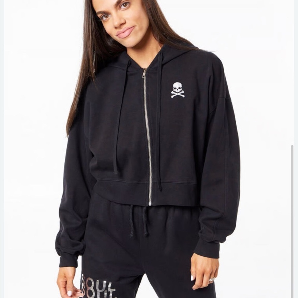 Soulcycle Black Crop Full Zip Up Skull Hoodie Size Medium Goth Grunge Athletic